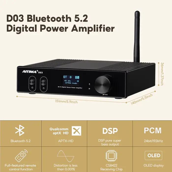 AIYIMA-Amplificateur audio D03 Bluetooth 5.0, 150W x 2, stéréo HiFi 2.1, puissance sonore numérique 