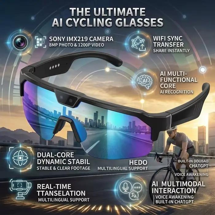 Nouvelles Lunettes Intelligentes Sportives IA 2026 avec Caméra ChatGPT 1200P, Vidéo 4K Anti-tremblem