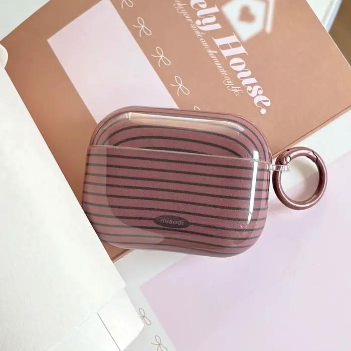 Étui de protection brillant rétro simple orange beige marron à rayures croisées pour AirPods 1 2 3 4 Pro Pro2 Pro3 avec anneau