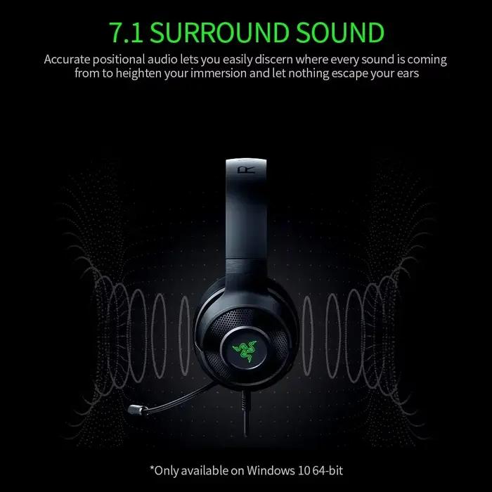 Ecouteurs Razer Kraken X Essential casque de jeu 7.1 son surround microphone cardioïde flexible confortable pour femmes et hommes occasions de jeu compétitif