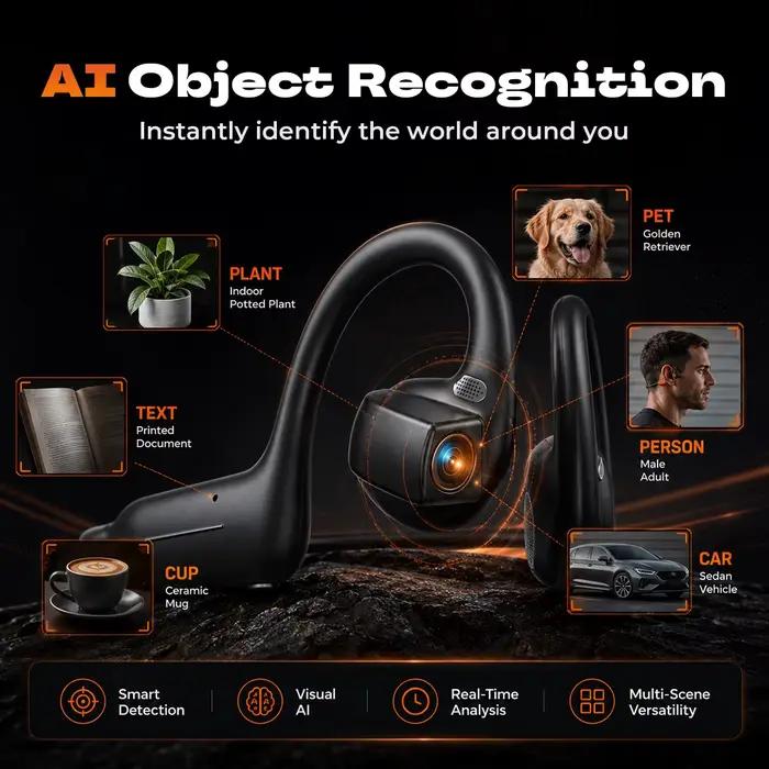 Casque à conduction osseuse avec caméra EIS 8MP, traduction IA, oreille libre, stockage 8 Go pour les passionnés de plein air, le cyclisme, les voyages et la réalisation de vlogs
