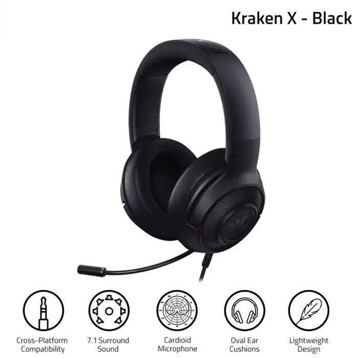 Ecouteurs Razer Kraken X Essential casque de jeu 7.1 son surround microphone cardioïde flexible confortable pour femmes et hommes occasions de jeu compétitif