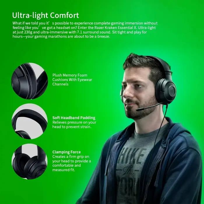 Ecouteurs Razer Kraken X Essential casque de jeu 7.1 son surround microphone cardioïde flexible confortable pour femmes et hommes occasions de jeu compétitif
