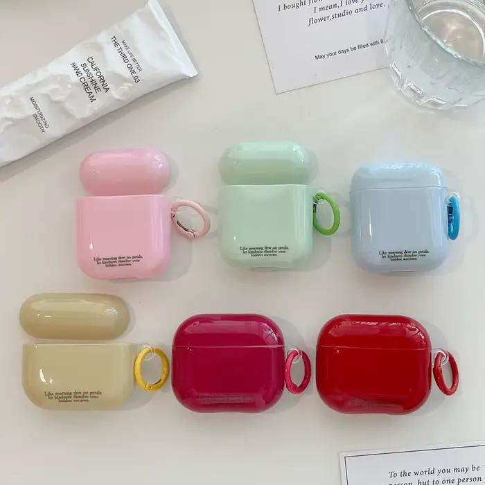 Étui de protection antichoc brillant de couleur unie simple avec crochet pour écouteurs AirPods 1 ou 2 3 4 Pro 2 Pro 3