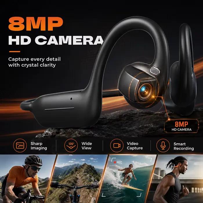 Casque à conduction osseuse avec caméra EIS 8MP, traduction IA, oreille libre, stockage 8 Go pour les passionnés de plein air, le cyclisme, les voyages et la réalisation de vlogs
