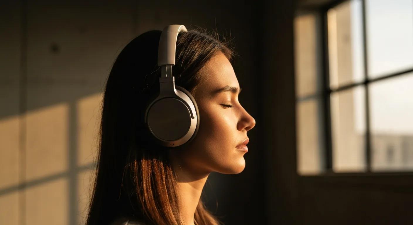 Femme portant un casque audio premium en éclairage doré