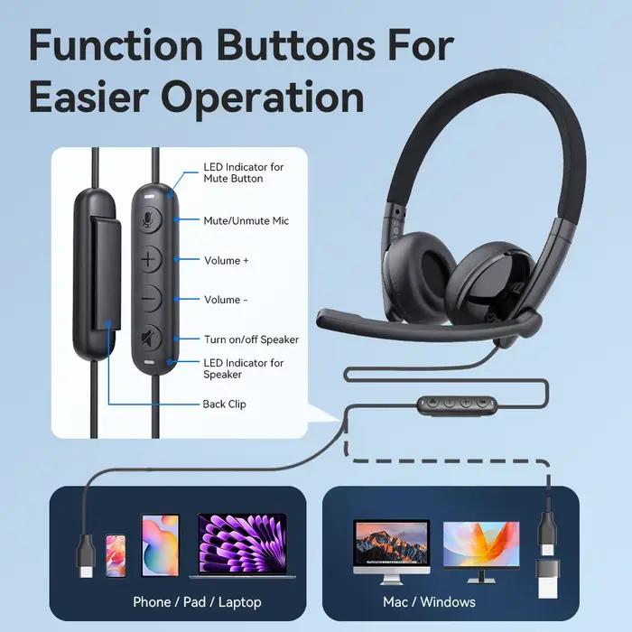 EMEET casque filaire avec Microphone Center d'appels USB casque ENC suppression du bruit câble de bu