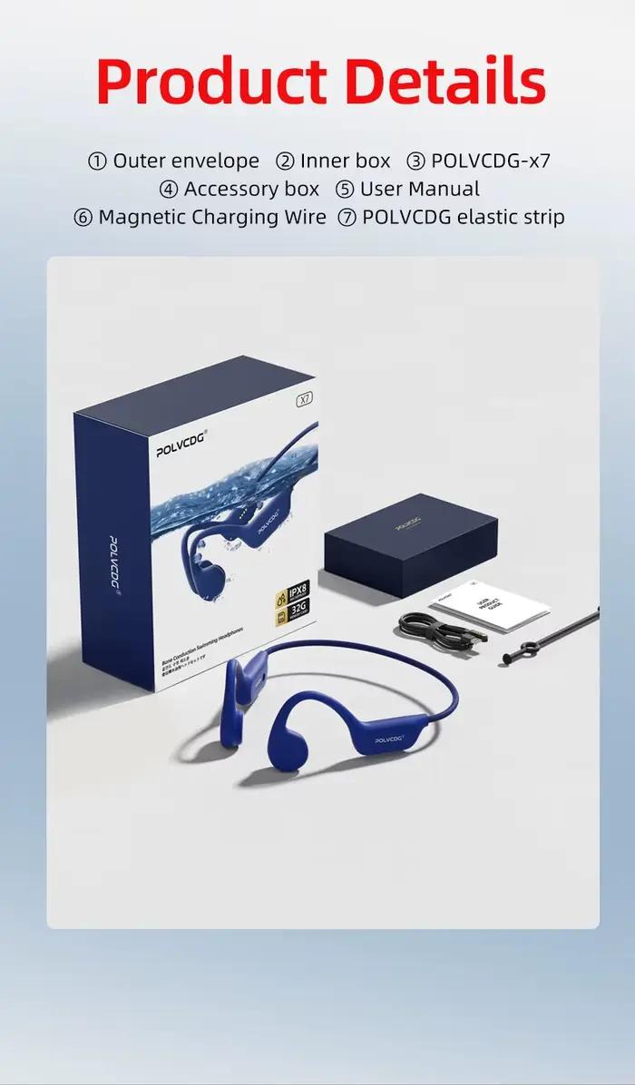 POLVCDG X7 Casque à conduction osseuse IPX8 Casque ouvert Bluetooth 5.3 pour la natation avec microp