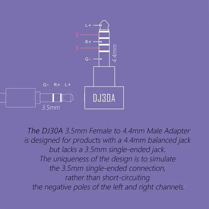 Adaptateur DD ddHiFi DJ30A 3,5 mm femelle vers 4,4 mm mâle s'applique au câble pour écouteurs 3,5 mm