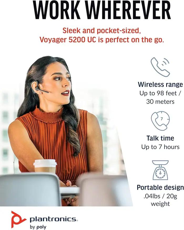 Casque sans fil Bluetooth Plantronics Poly Voyager 5200/5200 UC pour réduction du bruit et communication professionnelle écouteurs d'affaires pour hommes et femmes