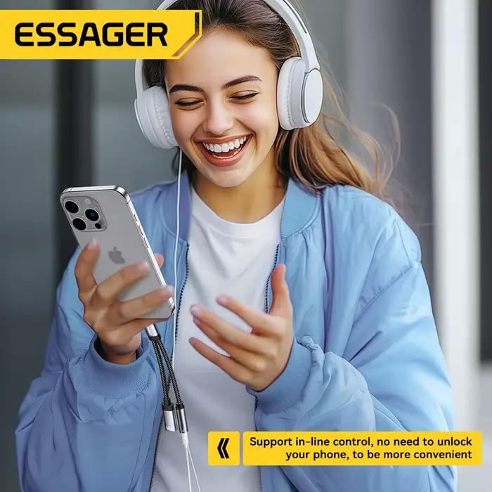 Essager 2 en 1 Type C à 3.5mm câble AUX adaptateur casque PD 60W charge rapide pour iPhone 16 15 Samsung Xiaomi 14 13 tablette PC