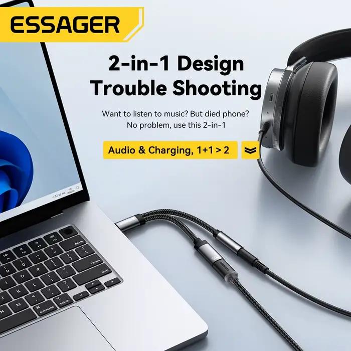 Essager 2 en 1 Type C à 3.5mm câble AUX adaptateur casque PD 60W charge rapide pour iPhone 16 15 Samsung Xiaomi 14 13 tablette PC