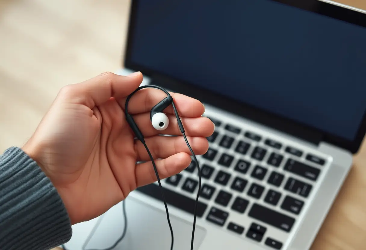Main tenant des écouteurs filaires près d'un ordinateur portable