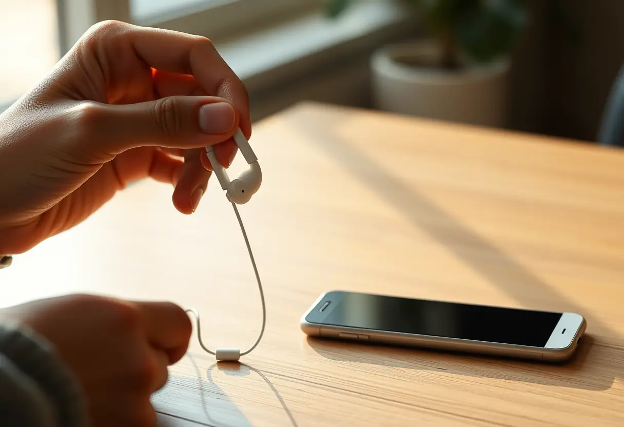 Des mains posant délicatement des écouteurs dans les oreilles