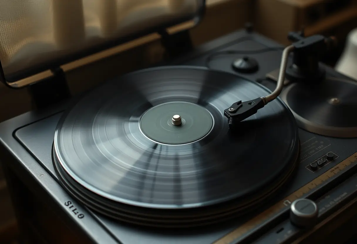 Vinyle tournant sur un vieux tourne-disque, texte alternatif pour lecteurs malvoyants