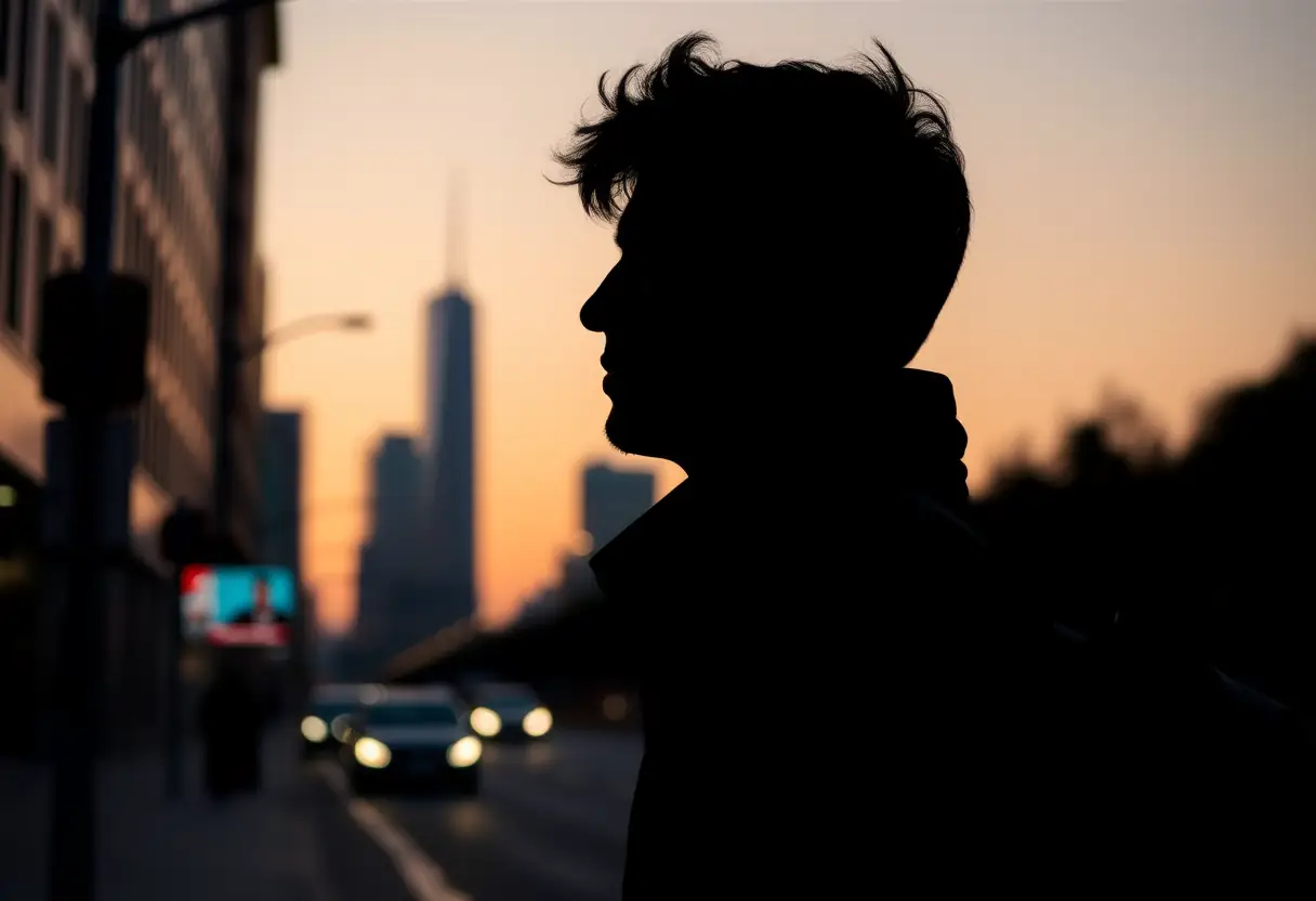 Un silhouetté d'une personne écoutant de la musique avec des écouteurs sans fil dans une rue urbaine au crépuscule